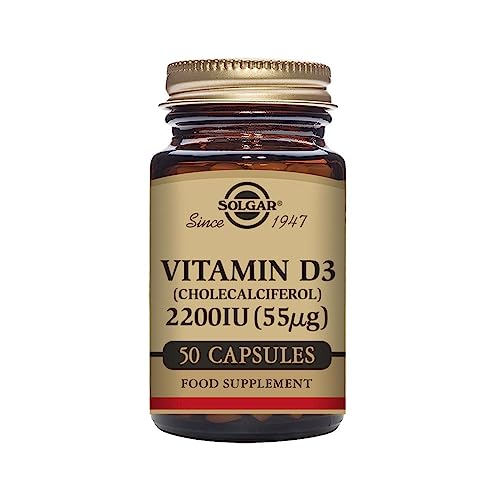 Solgar Vitamin D3 (Cholecalciferol) 2200 IU (55 µg) Gemüsekapseln – Behälter, mehrfarbig, 50 Einheiten (50 Stück)