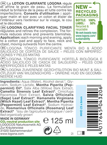 LOGONA TONICO PURIFICANTE Menta-Acido salicilico 125ml, Negro, 125 ml (Paquete de 1)