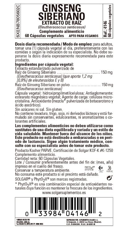 Solgar | Sibirischer Ginsengwurzelextrakt (Eleutherococcus Senticosus)| 60 Gemüsekapseln