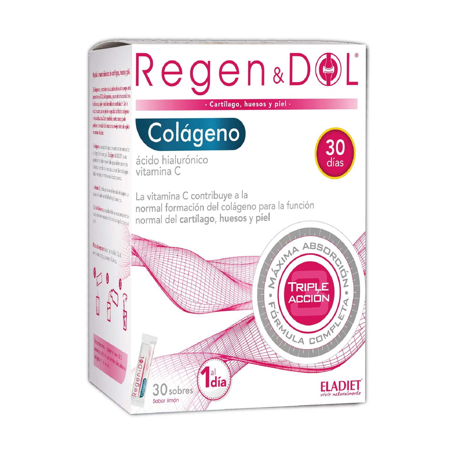 Complemento Alimenticio Colágeno - 30 Sobres - Con Colágeno, Ácido Hialurónico y Vitamina C - Contribuye al Buen Estado de Piel, Huesos y Articulaciones - Efecto Antioxidante - Eladiet