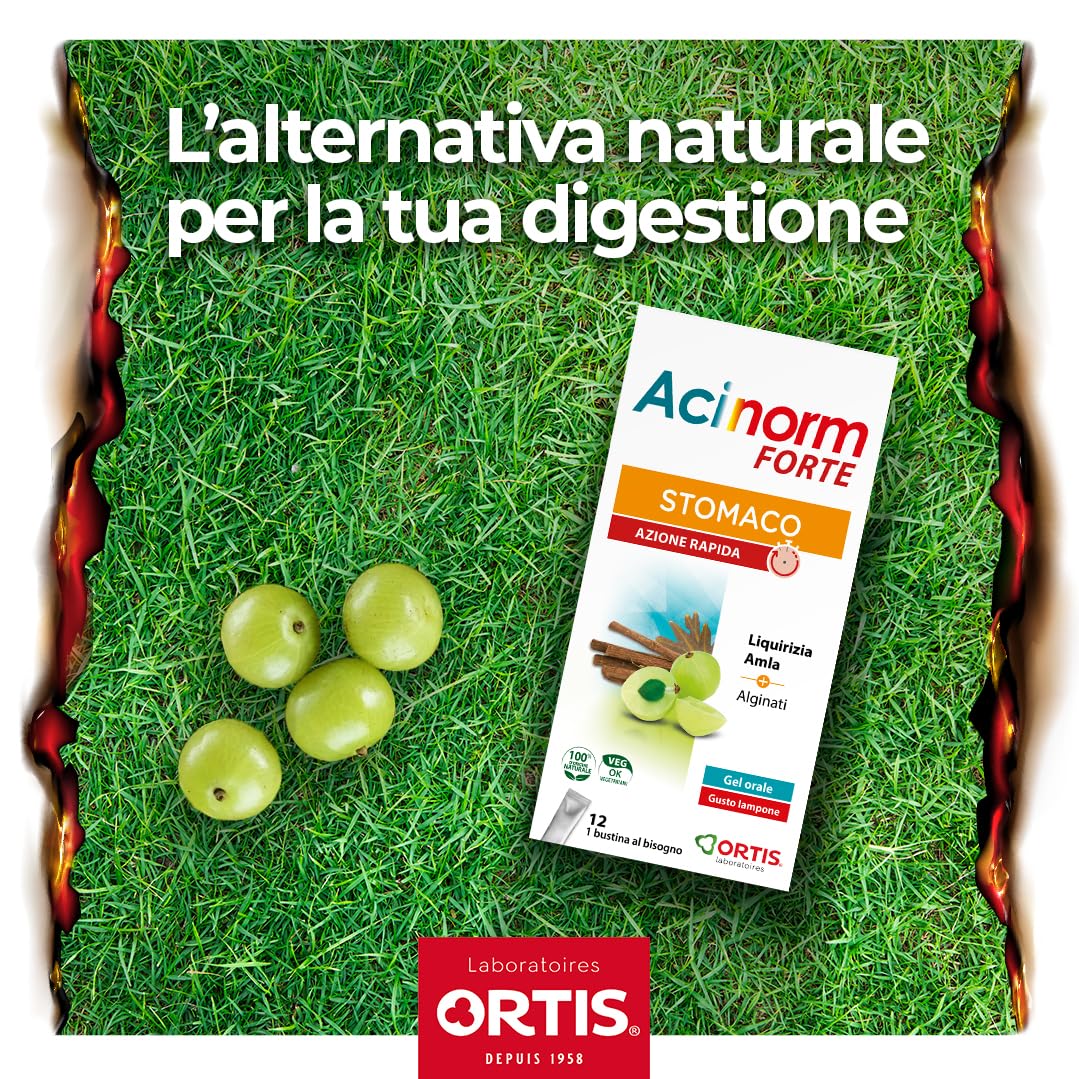 Ortis - Acinorm Forte Gel 12 Sobres - Complemento Alimenticio que Ayuda en Caso de Digestión Difícil y Reflujo Ácido - Acción Rápida - 100% Natural a base de Regaliz y Amla