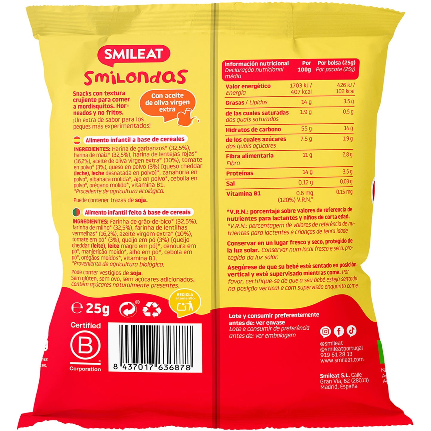 Smilondas snack de maíz, garbanzo, lenteja, tomate y queso ecológico y sin gluten desde 15 meses - 25gr.