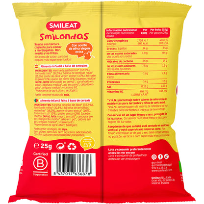 Smilondas snack de maíz, garbanzo, lenteja, tomate y queso ecológico y sin gluten desde 15 meses - 25gr.
