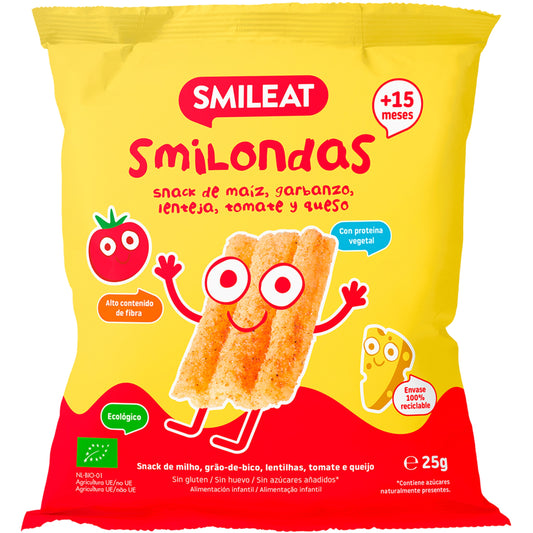 Smilondas snack de maíz, garbanzo, lenteja, tomate y queso ecológico y sin gluten desde 15 meses - 25gr.