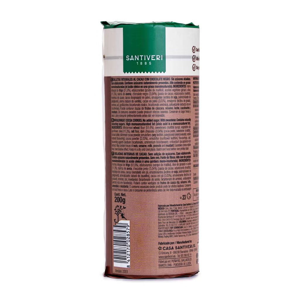 SANTIVERI - Galletas Integrales Cacao, con Fibra y 0% Azúcares Añadidos, Sin Aceite de Palma, Vegano - 200 g