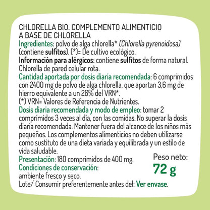Chlorella 400Mg 180comp Bio El Granero Integral