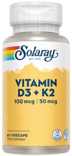 Vitamina D3 + K2 Solaray 60 Cápsulas Vegetales para Huesos