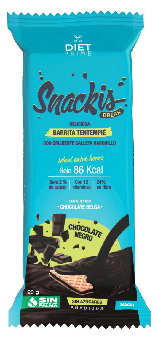 Barrita de chocolate negro alta en fibra, snack saludable 20g