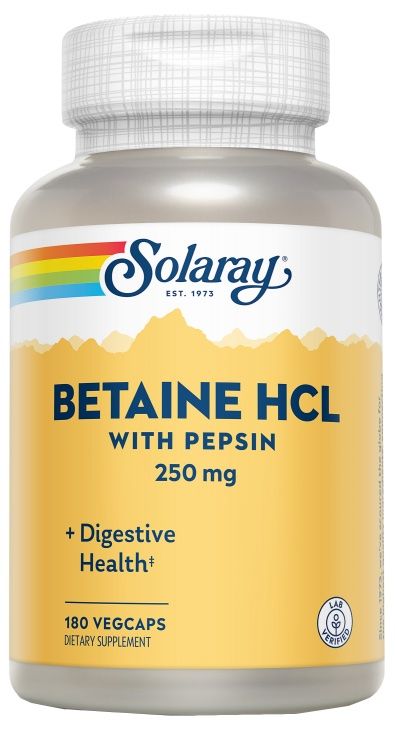 Betaína HCl Solaray 180 cápsulas para apoyo digestivo natural