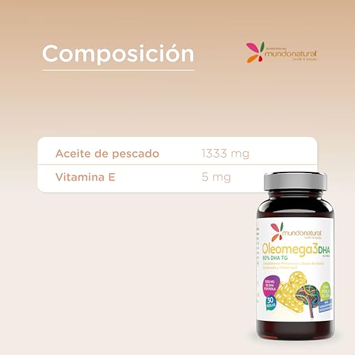 Mundo Natural - Oleomega 3 DHA | Omega 3 Capsulas en Perlas | Omega 3 EPA y DHA + Vitamina E | Omega-3 1000mg de DHA | Aceite de Pescado Omega 3 para Funcionamiento Normal de Vision y Cerebro