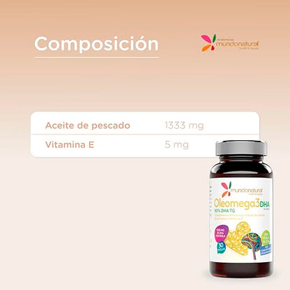 Mundo Natural - Oleomega 3 DHA | Omega 3 Capsulas en Perlas | Omega 3 EPA y DHA + Vitamina E | Omega-3 1000mg de DHA | Aceite de Pescado Omega 3 para Funcionamiento Normal de Vision y Cerebro