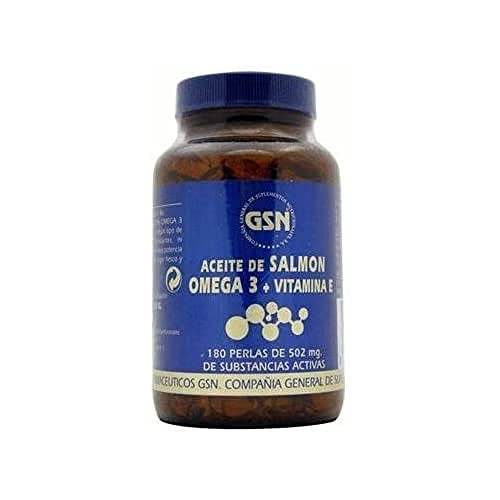 GSN | Aceite de Salmón Omega 3 | Complemento Alimenticio | Para Salud Cardiovascular y Tensión Arterial | Aceite de Pescado | Vitamina E Natural | Rico en EPA y DHA | 3 cápsulas al día |180 perlas
