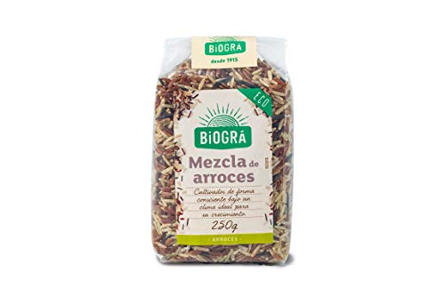 BIOGRÁ - Mix De Arroz Con Alto Contenido En Fibra, Compuesto por Arroz Salvaje, Arroz Rojo y Arroz Basmati integral, Apto para Veganos, 250g