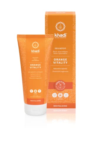 khadi ORANGE VITALITY Champú ayurvédico, 100% naturales, veganos, sin silicona ni sulfatos, vitalidad, volumen y rebote, rizos definidos, contra el cabello graso, Cosmética Natural Certificada, 200ml