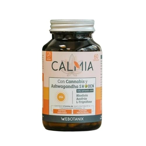 WEBOTANIX | Calmia Día | 60 Cápsulas Naturales Ashwagandha + Rhodiola + Azafrán + L-Triptófano + Cáñamo + B6 | Antiestrés y Anti Ansiedad Natural | Energía y Concentración | Vegano