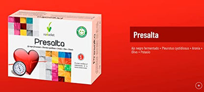 Novadiet - PRESALTA Cápsulas con Ajo Negro, Pleurotus Cystidiosus, Aronia, Olivo y Potasio - Control de Tensión Arterial - Complemento Alimenticio Para el Bienestar Cardiovascular - 60 Cápsulas