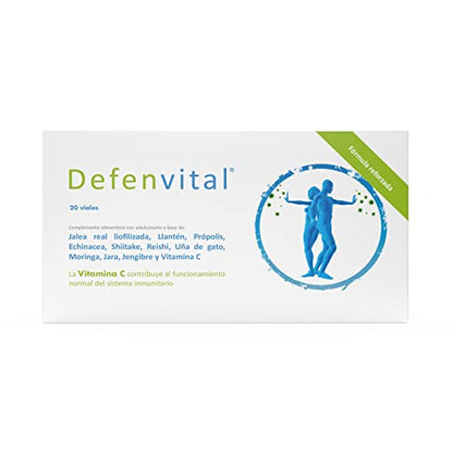 Defenvital® 200 ml de Margan Biotech. Sistema inmune. JALEA REAL LIOFILIZADA | LLANTÉN | PRÓPOLIS | ECHINACEA | SHIITAKE | REISHI | UÑA DE GATO | MORINGA | JARA | JENGIBRE | VITAMINA C. 20 viales