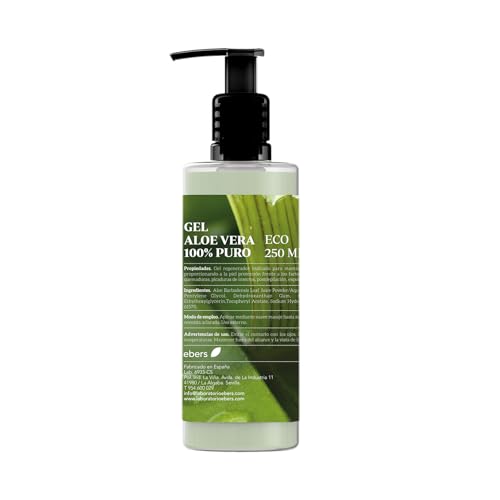 Ebers Aloe Vera Gel 100% Puro 250 Ml con dosificador - Excelente hidratante Rostro y Cuerpo, Aftersun, Depilación y Quemaduras.