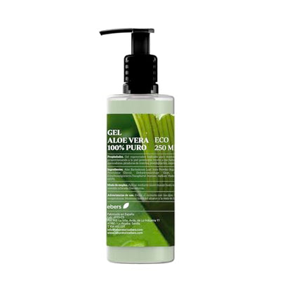 Ebers Aloe Vera Gel 100% Puro 250 Ml con dosificador - Excelente hidratante Rostro y Cuerpo, Aftersun, Depilación y Quemaduras.