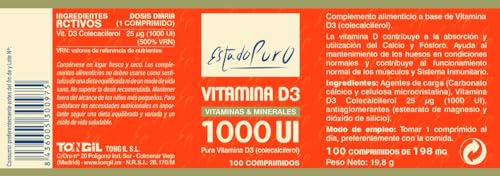 Vitamina D3 1000 UI Estado Puro - Vitamina D en Forma Activa Colecalciferol - Apoyo al mantenimiento de huesos, músculos y sistema inmunitario en condiciones normales - 100 Comprimidos de Tongil