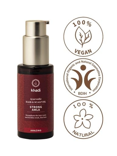 khadi STRONG AMLA Aceite capilar ayurvédico, favorece el crecimiento del cabello, previene la caída y las canas, fortalece las raíces del cabello, 100% vegano y sin siliconas, cosmética natural, 50ml