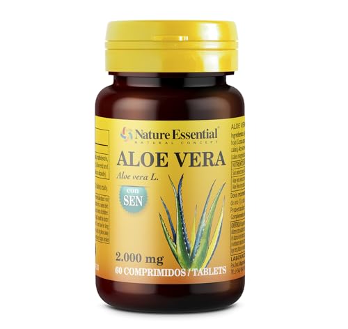 Nature Essential - Aloe Vera - 60 Comprimidos - Bote para 1 Mes - Sen y Calcio - Favorece Sistema Hepático - Ayuda a Perder Peso - Aloe + Sen 2000 mg