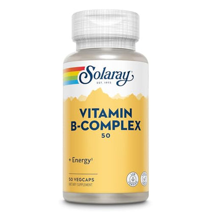 SOLARAY® B complex 50. 50 VegCaps. Las Vitaminas B contribuyen al normal funcionamiento del sistema nervioso. Sin gluten. Apto para veganos.