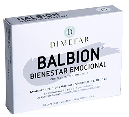 DIMEFAR - Balbion - Ansiedad + Estrés - Melisa Extracto - Péptidos Marinos - Vitaminas B1, B6, B12, 30 Cápsulas | Contra Ansiedad y Estrés | Equilibrio Sistema Nervioso