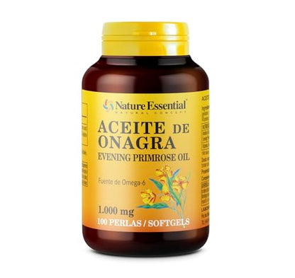 Nature Essential | Perlas de Aceite de Onagra 1000 mg | 100 Perlas | Contribuye a Aliviar los Síntomas Menstruales | Primera Presión en Frío | 10% GLA | Omega 3-6-9 | Vitamina E