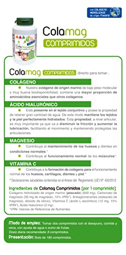 Novadiet - COLAMAG COMPRIMIDOS con Colágeno de Origen Marino, Ácido Hialurónico, Magnesio y Vitamina C, Ayuda a Proteger los Huesos, Piel, Articulaciones y Dientes - Colágeno - 180 Comprimidos