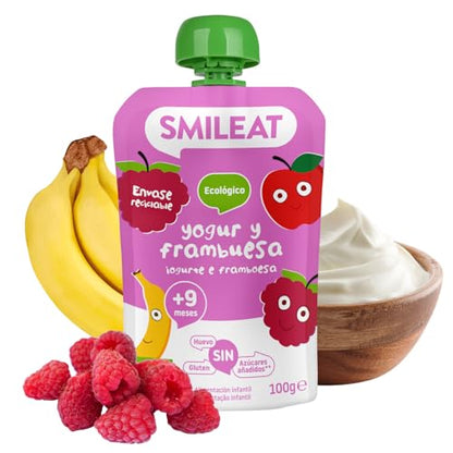 Smileat | Pouch de Fruta Ecológica para Niños | Con Sabor a Yogur y Frambuesa | Sin Lactosa, Sin Azúcares y Sin Gluten | Para Bebés a partir de los 12 Meses | 100 g |