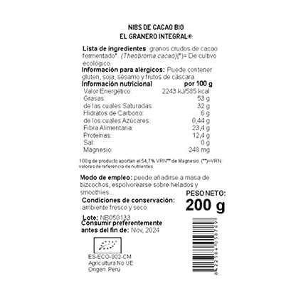 El Granero Integral - Nibs de Cacao Ecológico - 200 g - Apto para Consumo Vegano - Reduce la Inflamación - Rico en Magnesio y Fibra - Ayuda al Rendimiento Físico e Intelectual