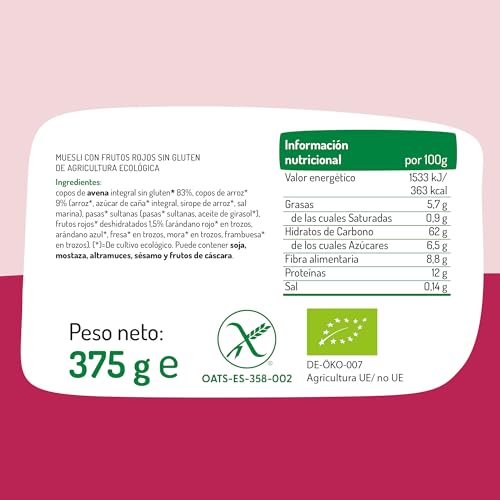 El Granero Integral - Muesli Frutos Rojos Sin Gluten Bio - 375 g - Fuente de Fibra y Nutrientes Esenciales - Mejora la Salud Intestinal - Ideal para el Desayuno - Apto para Veganos