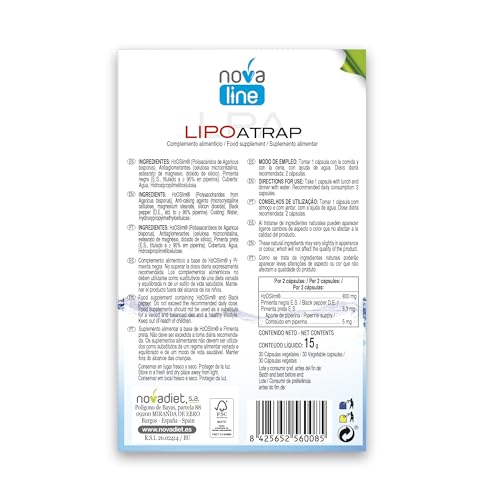 Novadiet - LIPOATRAP Cápsulas con H2OSlim® y Pimienta Negra - Control de Peso, Regulación Lípidos - Apoyo Sobrepeso, Obesidad, Equilibrio Saludable para tu Cuerpo - 30 Cápsulas