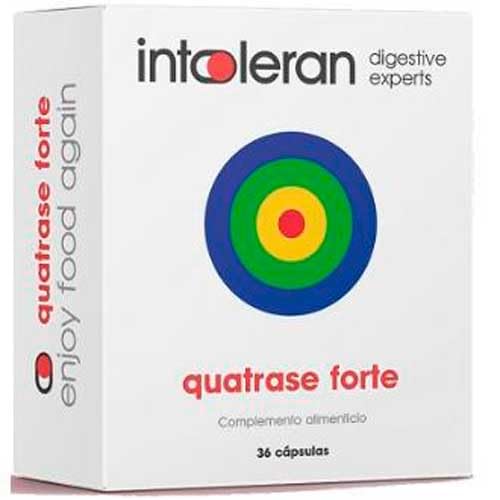 Intoleran Quatrase Forte - Enzimas digestivas para 4 FODMAPS: Lactasa 10,000 FCC + Xilosa Isomerasa 7.500 u + Alfa Galactosidasa 1.200 u + Invertasa 500 u - 36 Caps