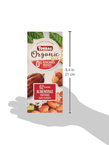 Torras - Chocolate Negro con Almendras - Producto Natural - 62% de Cacao - Sin Azúcares Añadidos - Almendras Enteras - Fuente de Energía - Sin Gluten - Apto para Veganos - 200 g