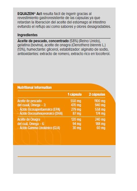 Vitae Equazen Act 60 cápsulas | Fórmula única de Omega 3 y 6 | Alto poder nutricional (EPA, DHA y GLA) | Atención, concentración, memoria y rendimiento