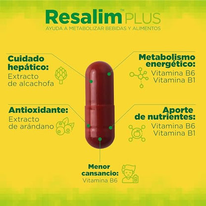 Resalim PLUS - Complemento Alimenticio para Ayudar a Metabolizar Bebidas y Alimentos, Ayuda a disminuir el cansancio y la fatiga - 10 Comprimidos