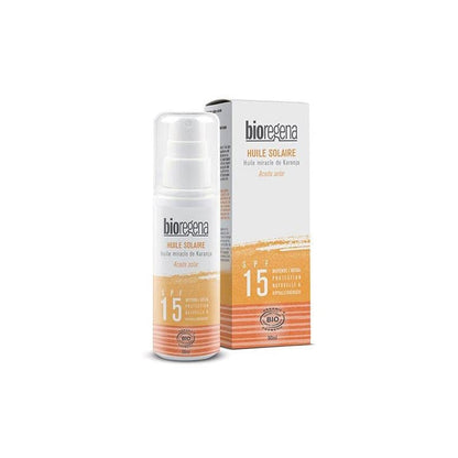 BIOREGENA- Aceite solar BIO, factor de protección 15, pieles bronceadas, frasco 90 ml.