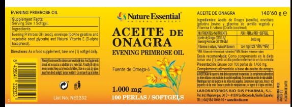 Nature Essential | Perlas de Aceite de Onagra 1000 mg | 100 Perlas | Contribuye a Aliviar los Síntomas Menstruales | Primera Presión en Frío | 10% GLA | Omega 3-6-9 | Vitamina E