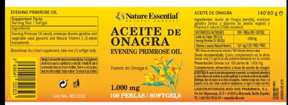 Nature Essential | Perlas de Aceite de Onagra 1000 mg | 100 Perlas | Contribuye a Aliviar los Síntomas Menstruales | Primera Presión en Frío | 10% GLA | Omega 3-6-9 | Vitamina E