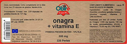 Obire | Perlas de Aceite de Onagra 500 mg | 220 Perlas | Contribuye a Aliviar los Síntomas Menstruales | Primera Presión en Frío | 10% GLA | Omega 3-6-9 | Vitamina E