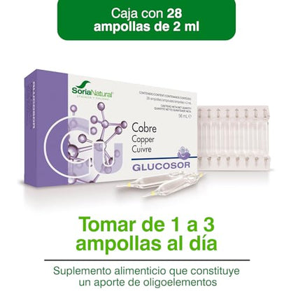 Soria Natural Glucosor Cobre - Suplemento a Base de Cobre en Ampollas – Favorece el Mantenimiento de Huesos y Tejidos Conectivos – Salud Celular – Sistema Inmunológico - Caja con 28 Ampollas de 2 ml