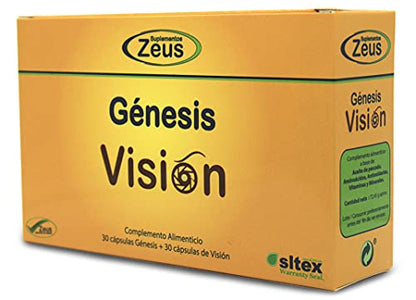 GÉNESIS VISIÓN suplementos zeus Contribuye al mantenimiento de la visión. Alimenticio a base de Aceite de pescado, Aminoácidos, CoQ10, Luteína, Astaxantina, Vitaminas y Minerales . 60 Cap