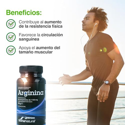 Soria Natural - vit&min Arginina – Ayuda a relajar los Vasos Sanguíneos - Apoya el Aumento del Tamaño Muscular, la Resistencia Física y Favorece la Circulación sanguínea. - 90 comprimidos de 1100 mg