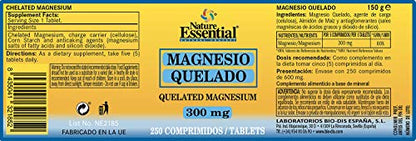 Nature Essential - Magnesio Quelado 300 mg - 250 Comprimidos - A Partir de Minerales Esenciales - Ayuda a Mejorar la Musculatura y el Sistema Nervioso