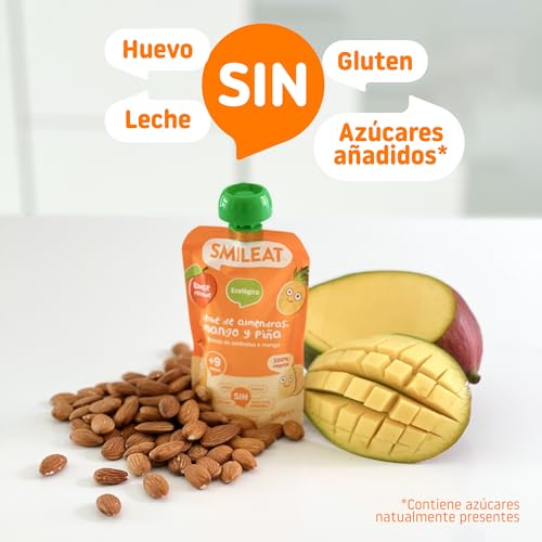Smileat - Pouch de Leche de Almendra, Mango y Piña, Ingredientes Naturales Bebibles, Para Bebés a Partir de los 9 Meses - 100g