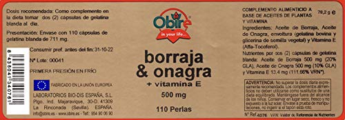 Obire | Aceite de Borraja + Vitamina E 500 mg | 110 Perlas | Contribuye a Aliviar los Síntomas Menstruales | Antioxidante | Ayuda a Aumentar tu Rendimiento Físico y Mental
