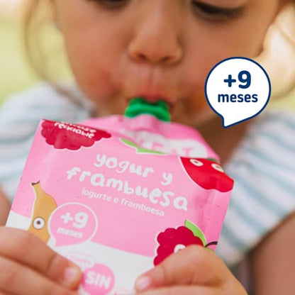 Smileat | Pouch de Fruta Ecológica para Niños | Con Sabor a Yogur y Frambuesa | Sin Lactosa, Sin Azúcares y Sin Gluten | Para Bebés a partir de los 12 Meses | 100 g |