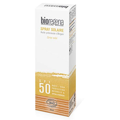 Bioregena - Crema solar, factor de protección 50, ideal para pieles claras, sensibles y niños mayores de 3 años, spray 90 ml.